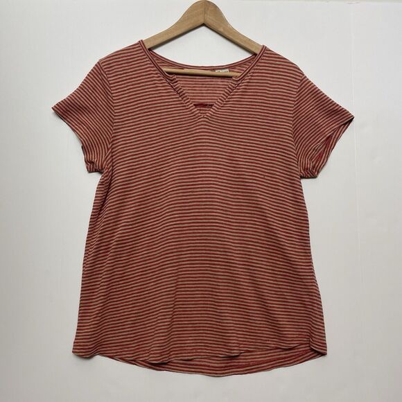 Orvis M Red Striped 100% Linen T-shirt Jersey Knit Split Neck Short Sleeves - Picture 1 of 10